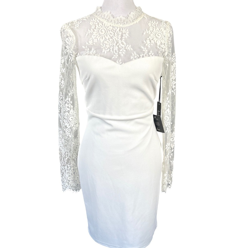 Lulus Lace Cocktail Bodycon Dress Wedding Ivory Long Sleeve Floral Sheath Size S